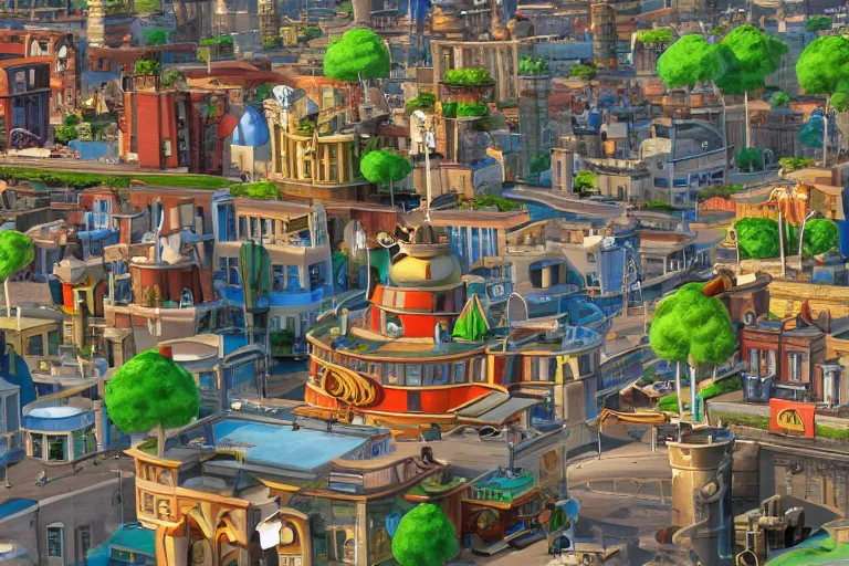 Prompt: a magnificent city. toontown style buildings. photorealism.