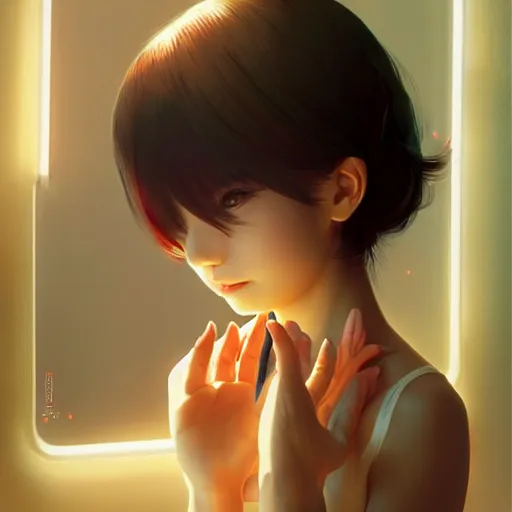 Image similar to very small little girl by ross tran, touching their reflection in the mirror sana takeda, rtx reflections, very high intricate details, digital anime art by artgerm, medium shot, mid - shot, composition by ilya kuvshinov, lighting by greg rutkowski