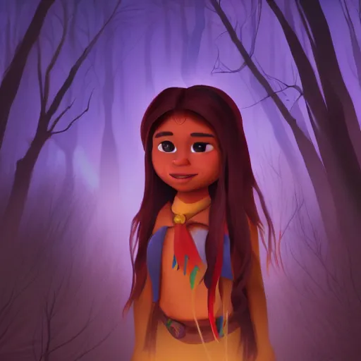 Image similar to medium shot native american girl, in a dark forest, mysterious, backlit, still from a pixar dreamworks movie, trending on artstation