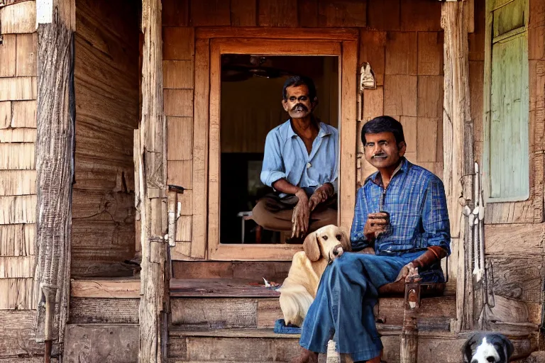 Prompt: Indian man on the country western porch with his golden retriever by Steven Spielberg