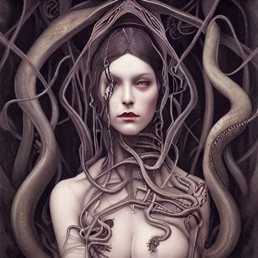 Image similar to by Tom Bagshaw, ultra realist soft painting of lovecraft and giger world of curiosities, single hybrid female monster in a corset, tentacles, partial symmetry accurate features, very intricate details, focus, curvy, award winning, ultra dense fog