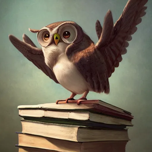 Prompt: long shot of a very cute plushy owl with eyelids half cloed sitting on a pile of antique books, by esao andrews, by pixar, humorous illustration, hyperrealistic, big depth of field, fresh colors, dim light, 3 d octane render conceptart, 4 k, hyperdetailed, trending on artstation