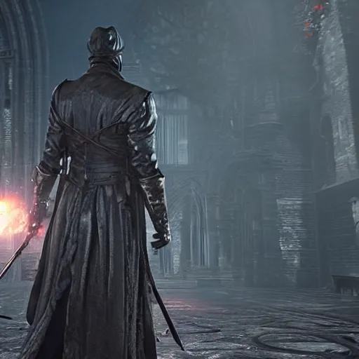 Prompt: Gameplay screenshot of Keanu Reeves as a boss in Bloodborne, film still, photorealistic