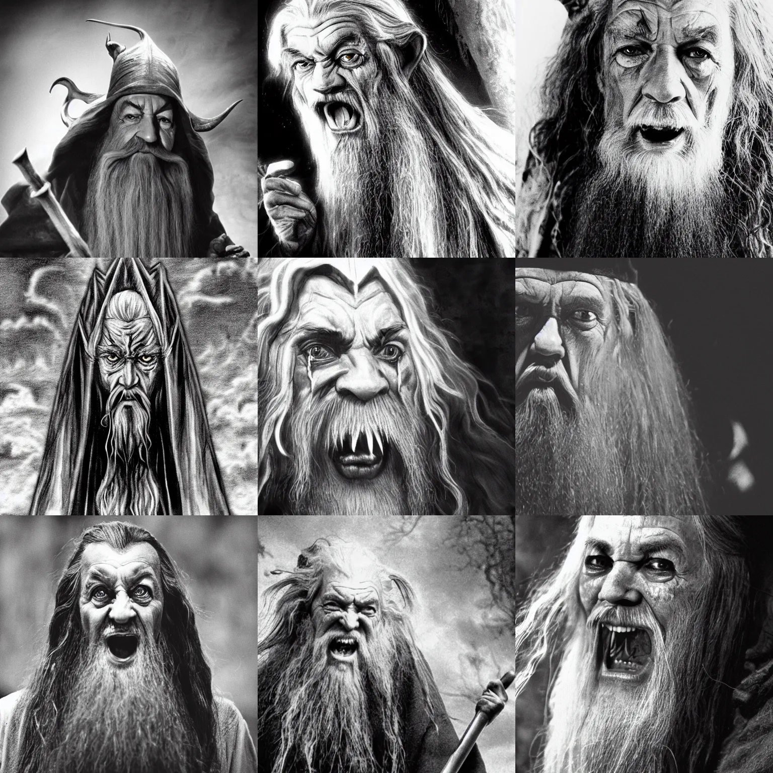 Prompt: evil horror gandalf, black and white grainy film, screaming crying, by maxim verehin