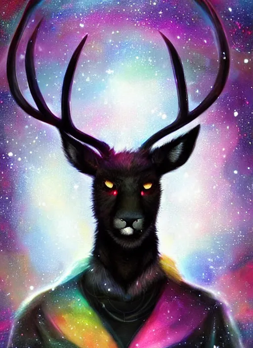 Image similar to award winning beautiful portrait commission of a male furry anthro Black Reindeer fursona with a tail, wings and a cute beautiful attractive detailed furry face wearing stylish black and rainbow galaxy clothes in a outerspace city at night while it rains. Character design by charlie bowater, ross tran, artgerm, and makoto shinkai, detailed, inked, western comic book art