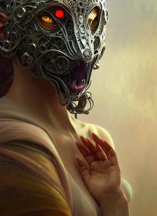 Image similar to organic cyborg, wolf mask opening, diffuse lighting, fantasy, intricate, elegant, highly detailed, lifelike, photorealistic, digital painting, artstation, illustration, concept art, smooth, sharp focus, art by John Collier and Albert Aublet and Krenz Cushart and Artem Demura and Alphonse Mucha