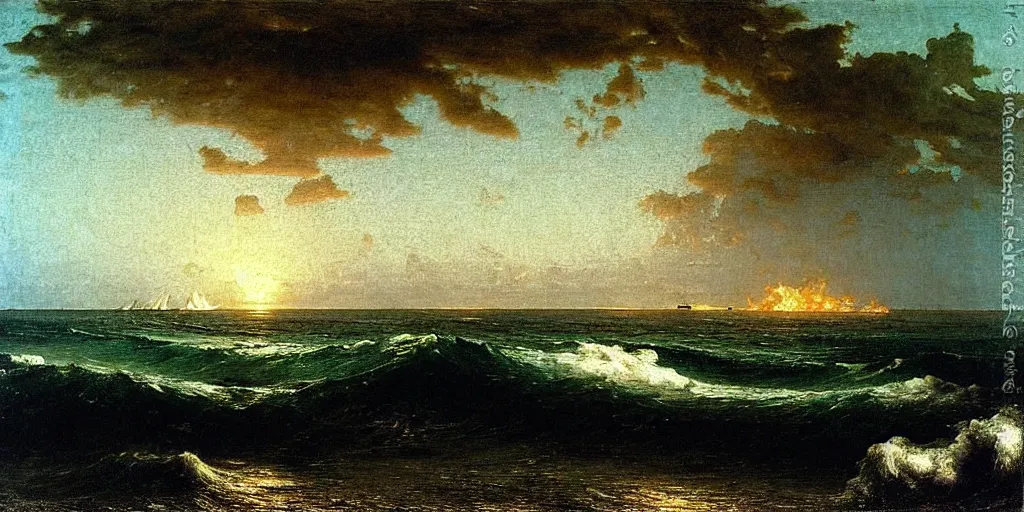 Image similar to “ ( ( ( ( ( rough waves on the ocean at night, the boat is on fire ) ) ) ) ) painted by john frederick kensett!!!!!!!!!! ”
