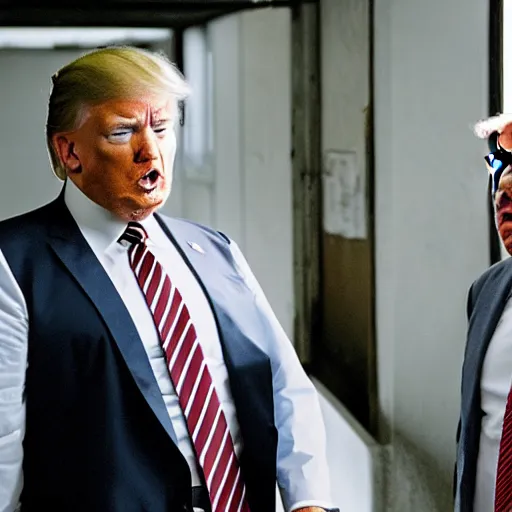 Image similar to TV show still of donald trump and alex jones together jail photograph, sitcom, natural light, sharp, detailed face, magazine, press, photo, Steve McCurry, David Lazar, Canon, Nikon, focus