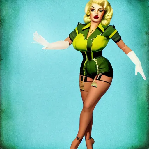 Image similar to nuclear age blonde pinup in the style of Fallout 4, 3D game art