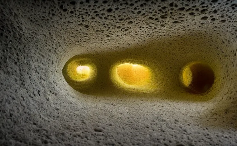 Image similar to hyper liminal photo, sponge with many tunnels inside each hole, tunnels lead to different worlds, surreal, detailed, high definition, mysterious, wide shot, surrealist depiction of a normal sponge,