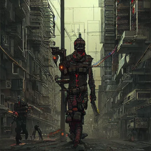 Image similar to cyberpunk mercenary walking the city streets, Industrial Scifi, detailed illustration, Chiaroscuro, concept art, by Martin Grip and Moebius