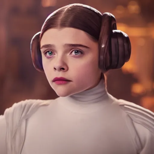 Image similar to Adult Chloe Moretz as Princess Leia, XF IQ4, 150MP, 50mm, F1.4