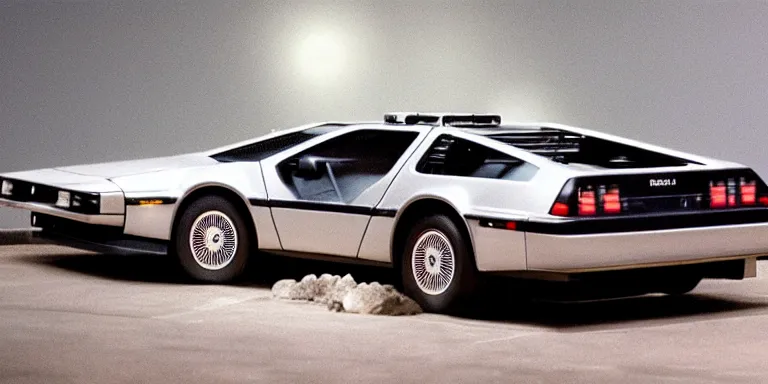 Prompt: photorealistic cinematography of a photorealistic Scientifically accurate Delorean parked at night in the Twin Pines Mall in the year 1985 with one door open