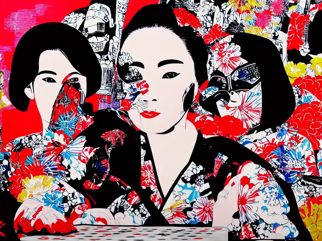 Image similar to hyperrealism composition of the detailed woman in a japanese kimono sitting at an extremely detailed poker table with darth vader, fireworks on the background, pop - art style, jacky tsai style, andy warhol style, acrylic on canvas