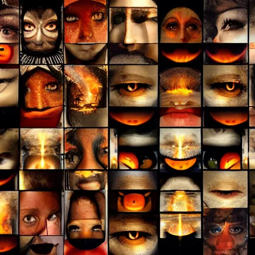 Prompt: collage, wall of eyes, reflections, fire, flames, wall of eyes, hd photograph