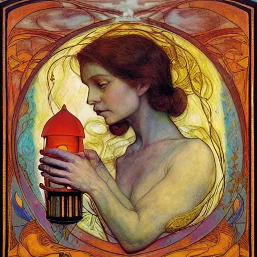 Image similar to the dawn queen with her lantern, by annie swynnerton and diego rivera and elihu vedder, symbolist, dramatic lighting, elaborate geometric ornament, art brut, soft cool colors, smooth, sharp focus, extremely detailed, leo and diane dillon, soft pastel colors