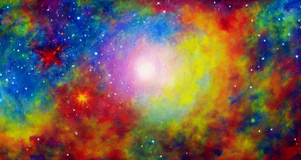 Image similar to award - winning realistic painting of a large planet made of colourful gas, colourful bright stars