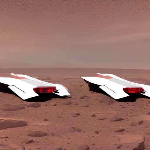 Image similar to two sleek white long spacecraft with red details, no wings, flying over the surface of mars, highly detailed, photorealistic, cinematic, sci-fi, octane render