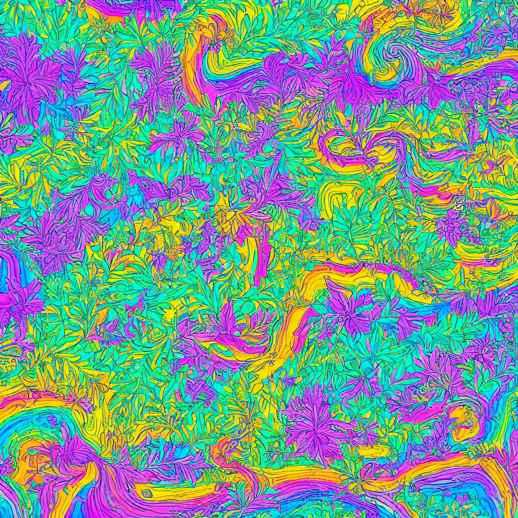 Image similar to Pacific coast forest in the style of Lisa Frank and Alex Grey