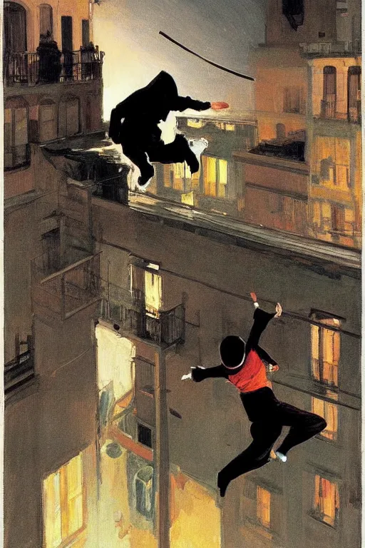 Image similar to a ninja jumping from the roof on a rainy night by joaquin sorolla, syd mead, boneface