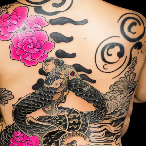 Image similar to photography of the back of a woman with a black detailed irezumi tatto representing a gold tiger with pink flowers on her entire back, dark hangar background, mid-shot, editorial photography