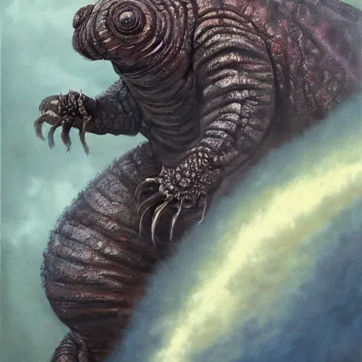 Image similar to realistic painting of a tardigrade kaiju, godzilla, by james gurney