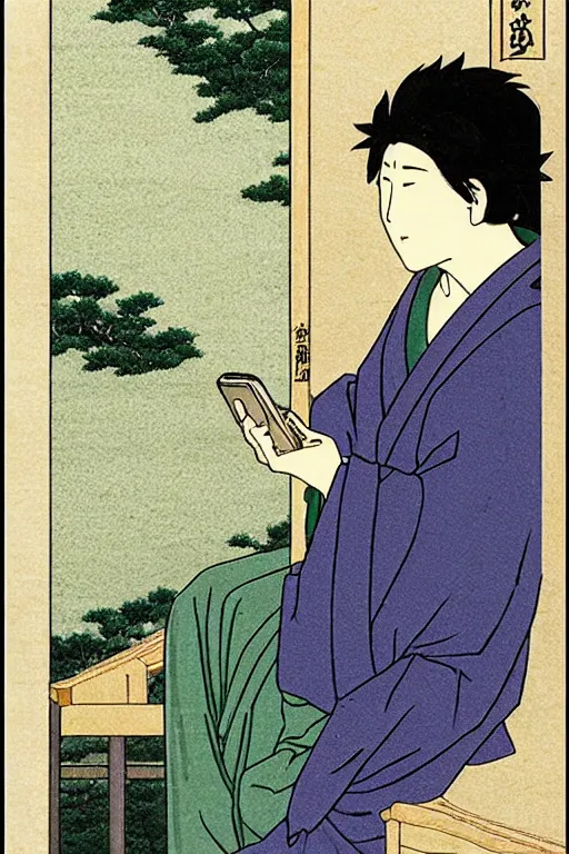 Prompt: A god looking at his phone, in the style of kawase hasui