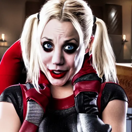 Image similar to A still of Kaley Cuoco as Harley Quinn