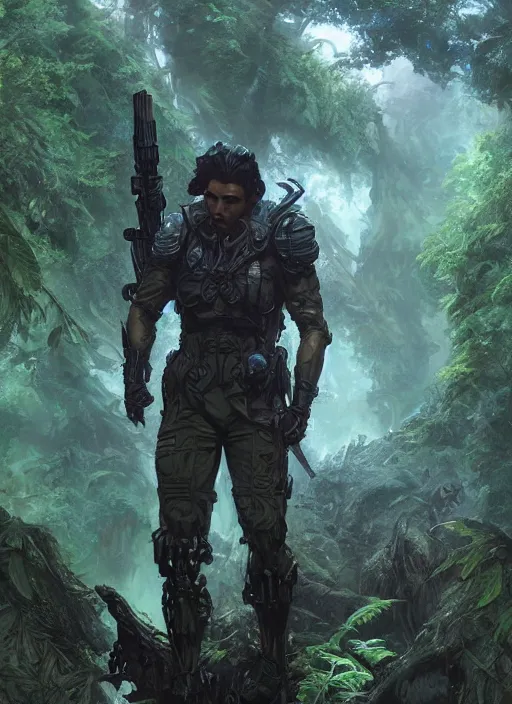Image similar to a handsome male sci-fi solider exploring a magical rain forest, D&D, fantasy, intricate, cinematic lighting, highly detailed, digital painting, artstation, concept art, smooth, sharp focus, illustration, art by Terry Moore and Greg Rutkowski and Alphonse Mucha
