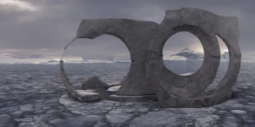 Image similar to a circular stone stargate in antarctica, intricate, octane render, photorealistic, matte painting, high definition, stormy clouds, scifi