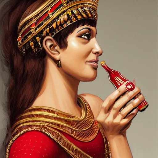 Image similar to a fancy portrait of cleopatra having a coca cola light during lunch break, concept art, detail, realistic, trending on art station, beautiful, colorful, dreamlike