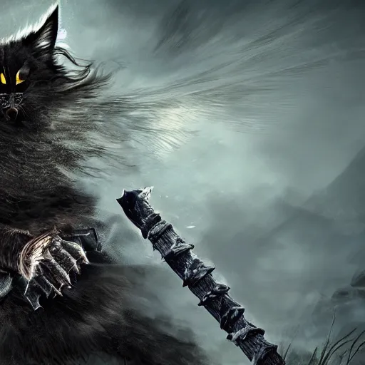 Prompt: an armored norwegian forest cat in lordran fighting hollows, in-game footage, cinematic, dark souls, wide angle, dramatic composition, 4k, intricate