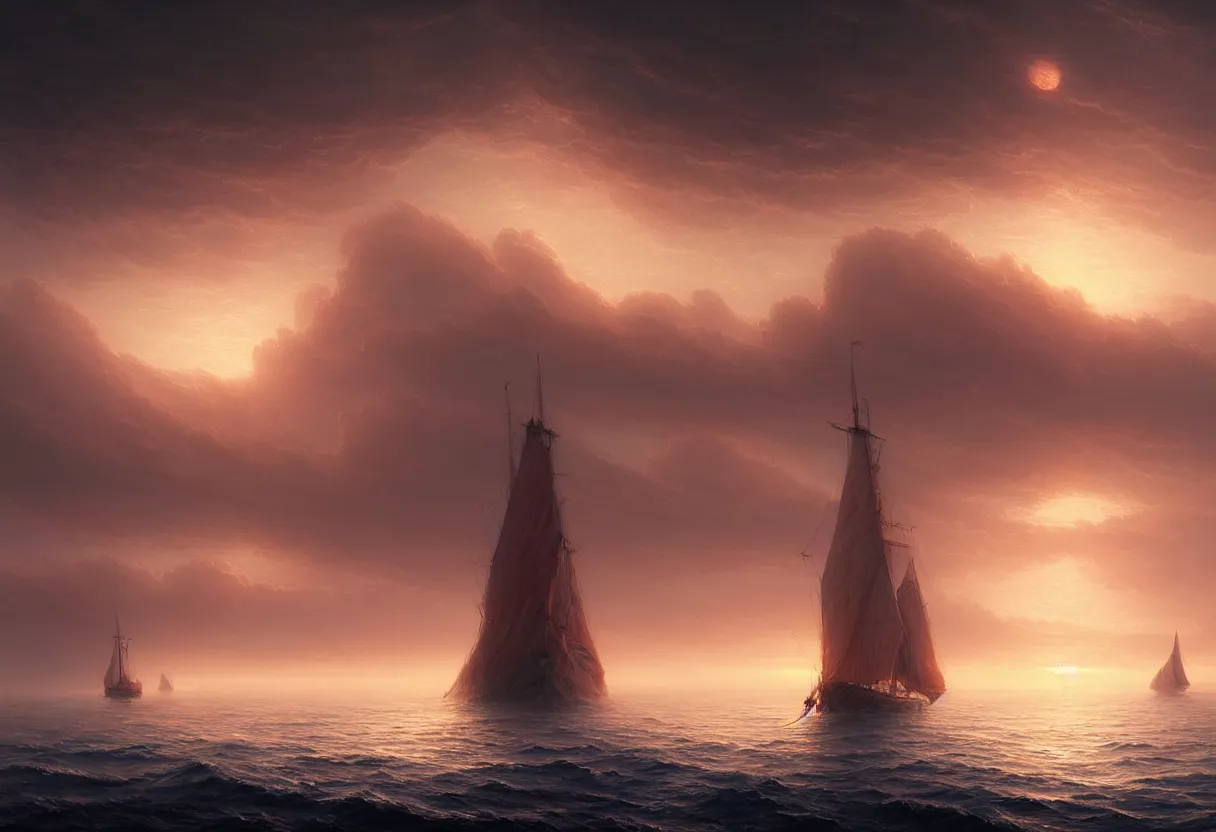 Image similar to strange sea surface of autumn planet at sunset, sailing ship on horizon, ultra high definition, ultra detailed, symmetry, fog, matte painting, by greg rutkowski and ross tran and wlop