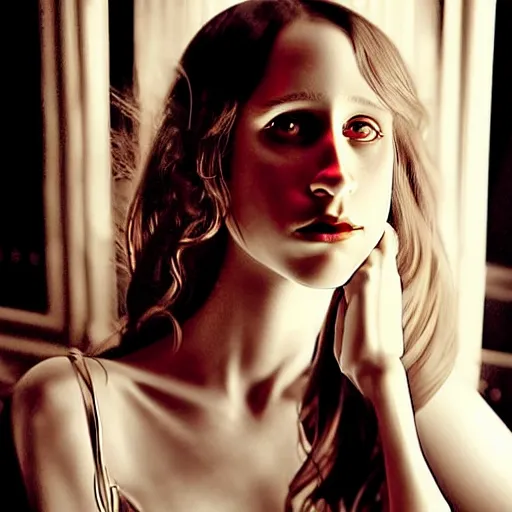 Prompt: in the style of rob hefferan, beautiful taissa farmiga, steampunk, elegant pose, middle shot waist up, symmetrical face symmetrical eyes, cinematic lighting, detailed realistic eyes, short neck, insanely detailed and intricate elegant