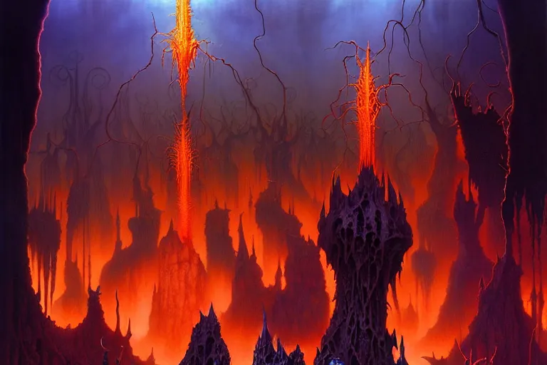 Prompt: darker shades of forgotten misery and despair by michael whelan and roger dean and brom and hubert robert and greg staples and donato giancola, beautiful, mythical, scaled robes, highly detailed, hyperrealistic, intricate, energy, orange electricity, blue flame, low light, purple crystals, high contrast, lifelike