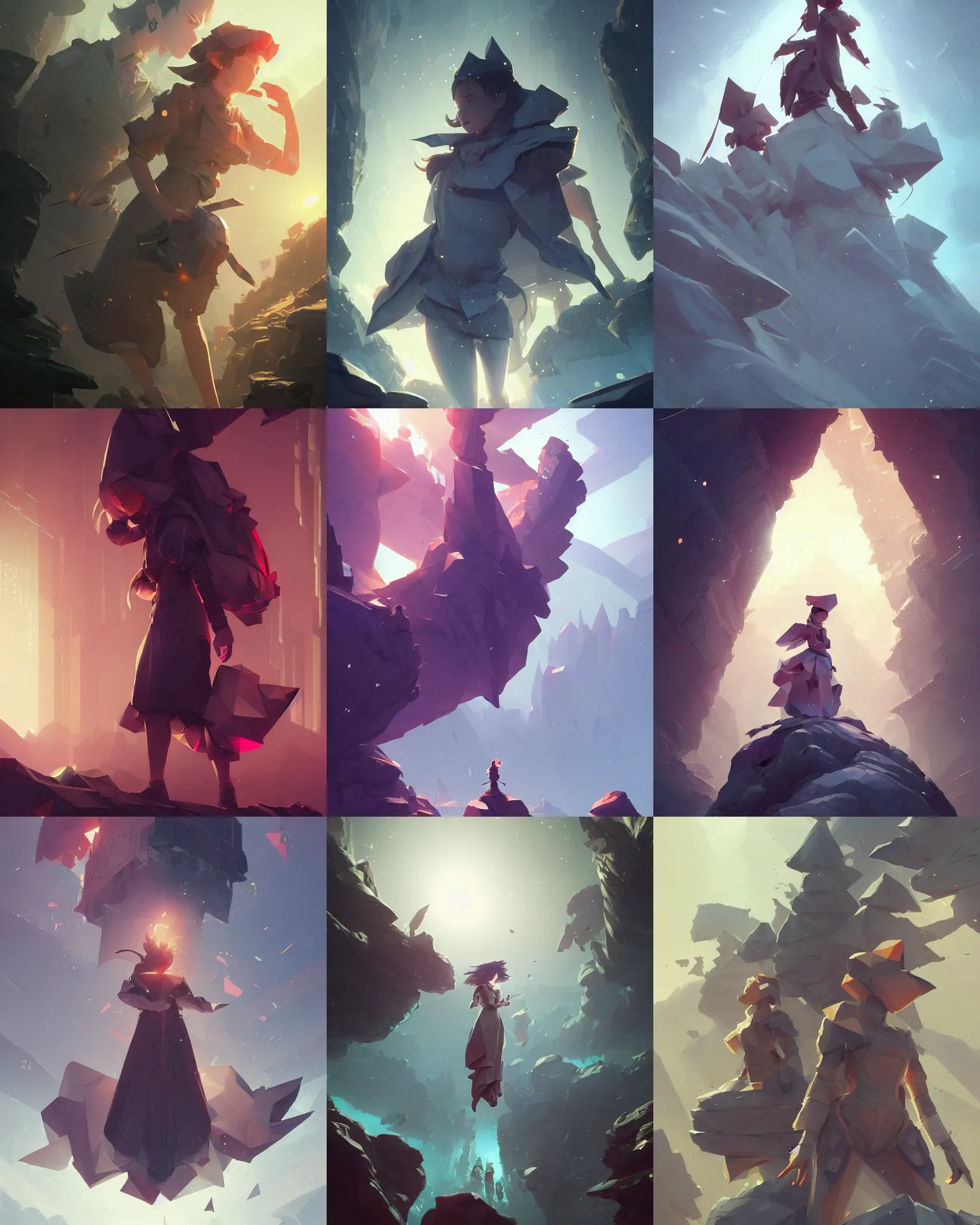 Prompt: explorers with polygonal clothing, light dust, magnificent, close up, details, sharp focus, elegant, highly detailed, illustration, by Jordan Grimmer and greg rutkowski and PiNe(パイネ) and 薯子Imoko and 香川悠作 and wlop and maya takamura, intricate, beautiful, Trending artstation, pixiv, digital Art