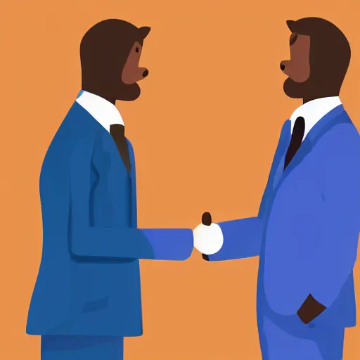 Image similar to an illustration of a mouse and a rabbit in suits shaking hands
