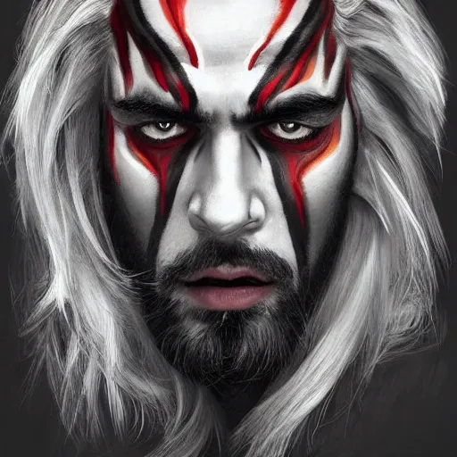 KREA - Beautiful face Portrait of very manly Gigachad with very big jaws,  original Gigachad, big eyebrows, colorful face painting on grey scale face,  powerful , magic, thunders, dramatic lighting, intricate, wild