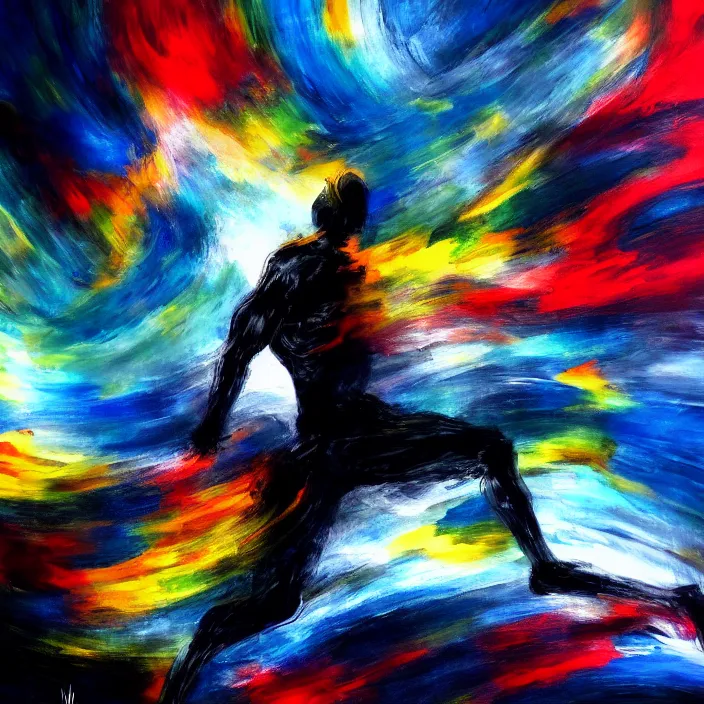 Image similar to abstract, a thin, fit man's body explodes in abstract, thick flowing dramatic brush strokes, strong wind, black background, matte colors, impressionist, extreme motion, trending on artstation