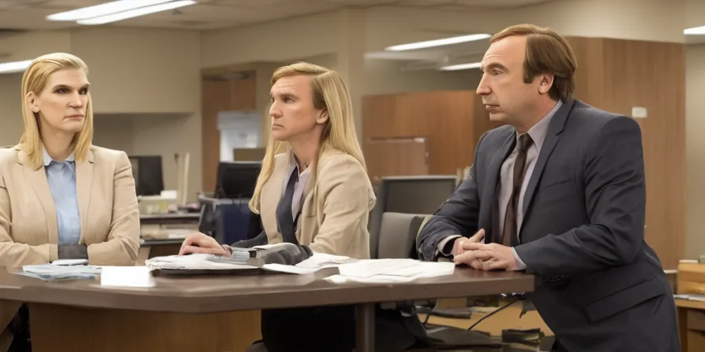 Image similar to saul goodman and kim wexler in severance office setting