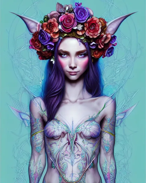 Image similar to digital art, centered full body elven bride with short hair, vivid flower crown ,intricate, veins, by James Jean and by artgerm, by ross tran , ultradetailed, charachter design, concept art, trending on artstation,