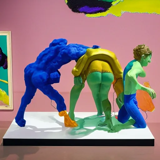 Image similar to a claymation film still of a contemporary sculpture / collection / contemporary art / gallery / museum / claymation by jeff koons and bruce bickford