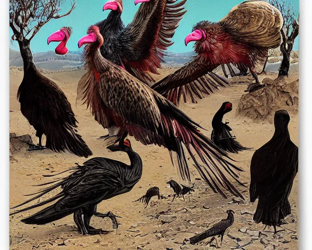 Prompt: vultures feeding on carrion in the desert, caricature, surreal, colorful
