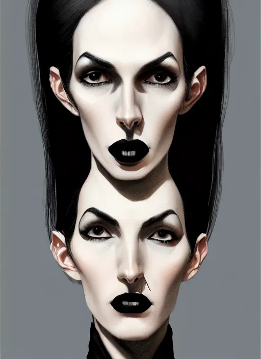 Image similar to portrait of a lanky woman with a crooked nose and a confident expression, 1 9 6 0 s, black clothes, goth, punk, funk, intricate, elegant, highly detailed, digital painting, artstation, concept art, smooth, sharp focus, illustration, art by wlop, mars ravelo and greg rutkowski