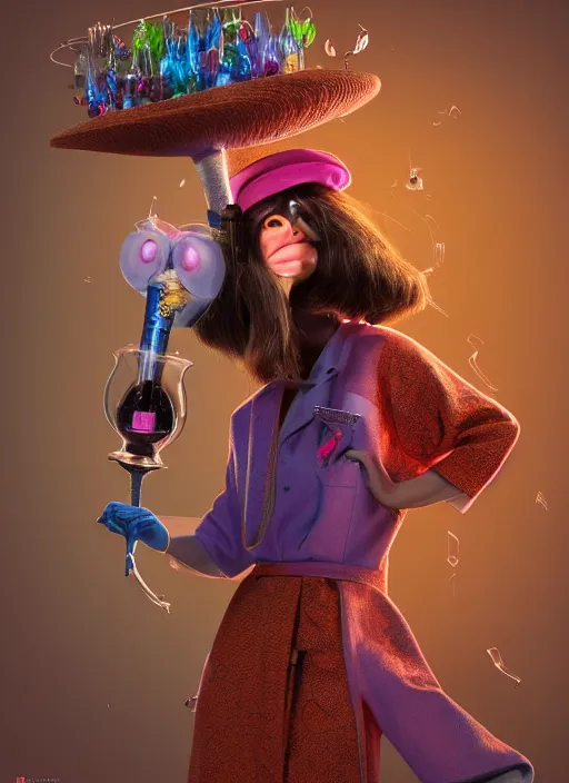 Image similar to an anthropomorphic beautiful female scientist portrait blowing a bong wearing colourful robe, fine art, wizard hat, award winning, intricate, elegant, sharp focus, octane render, hyperrealistic, wizard hat cinematic lighting, highly detailed, digital painting, 8 k concept art, art by jamie hewlett and z. w. gu, masterpiece, trending on artstation, 8 k