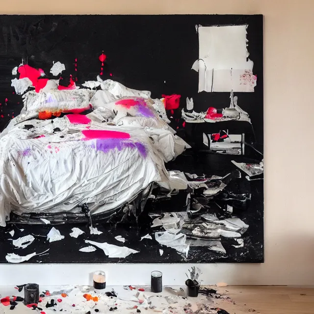 Prompt: bedroom with black walls and a futon, sensual portrait of a woman sleeping, cracked handmade pottery vase, torn paper smouldering smoke, candles, white flowers on the floor, puddle of water, octopus, squashed berries, neo - expressionism, surrealism, acrylic and spray paint and oilstick on canvas