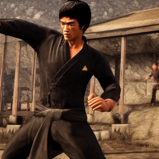 Prompt: Film still of Bruce Lee, from Red Dead Redemption (2018 video game)