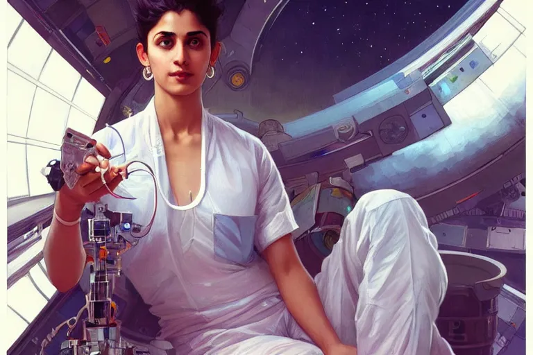 Image similar to Sensual good looking pale young Indian doctors wearing jeans in a space station above Earth performing surgery, portrait, elegant, intricate, digital painting, artstation, concept art, smooth, sharp focus, illustration, art by artgerm and greg rutkowski and alphonse mucha