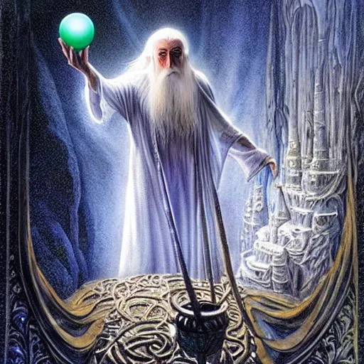 Prompt: majestic Saruman the wise white shimmer wizard gazing at dark Palantir crystal ball by Mark Brooks, Donato Giancola, Victor Nizovtsev, Scarlett Hooft, Graafland, Chris Moore