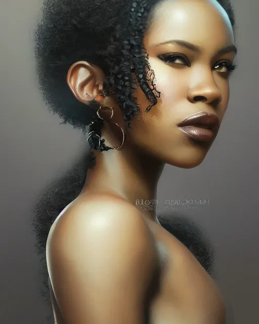 Image similar to Love as a beautiful black princess, gorgeous, portrait, powerful, intricate, beautiful, masterpiece, elegant, volumetric lighting, back lighting, rimlight, dramatic lighting, digital painting, highly detailed, artstation, sharp focus, illustration, Artgerm, Jean-Léon Gérôme , ruan jia